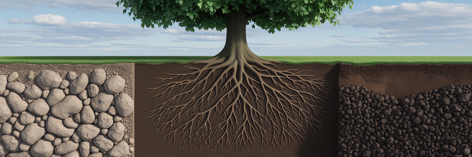 Tree roots navigating complex soil layers